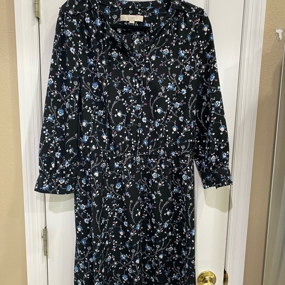 LOFT Floral Long Sleeve Dress in Black and Blue